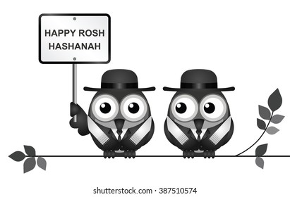 Jewish Rosh Hashanah New Year festival with Jewish Rabi birds perched on a branch isolated on white background