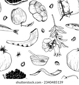 Jewish Rosh Hashanah vector seamless pattern in vlack and white for New year gift wrapping with pomegranates fruits and flowers, honey, apples, fish, challah and shofar