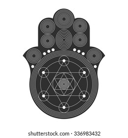 Jewish sacred amulet - hamsa or Miriam hand or Fatima hand, black on white background, vector illustration