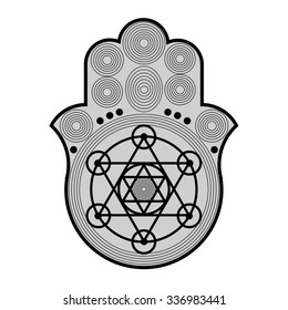 Jewish sacred amulet - hamsa or Miriam hand or Fatima hand, gray on white background, vector illustration