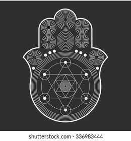 Jewish sacred amulet - hamsa or Miriam hand or Fatima hand, black on black background, vector illustration