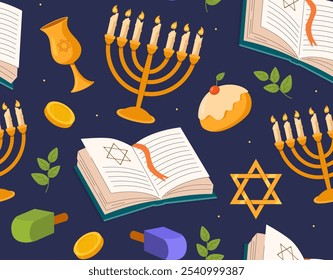 Jüdisches nahtloses Muster. Wiederkehrendes Gestaltungselement zum Bedrucken von Gewebe. Menorah und glücklich Hannukah. Kerzenständer, Stern von David und Kuchen. Glaube und Religion, Tradition. Flache Vektorgrafik