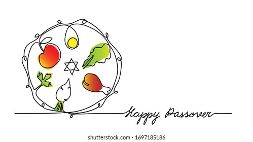 Jewish seder plate, dish with meal. Happy passover lettering, holiday pesach. Vector illustration of traditional pesach food on the plate. One continuous line drawing.