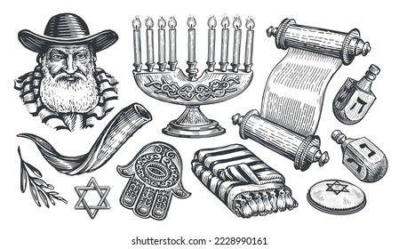 Esbozo conjunto judío. Desplazamiento de toras, Menorah, Shofar, Rabbi, Miriam mano. Ilustración vectorial vintage del concepto de religión