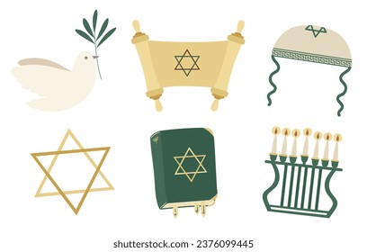 Jewish set with Torah scroll, Talmud, kippah, star Of David, Menorah and white dove with olive branch