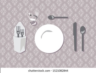 Jewish shabat table, Vector drawing of a plate, knife, forks, spoon, tea spoon and glass on a gray map with prestigious and unique texture. Shabbat table