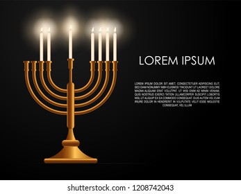 Jewish sixth day holiday Hanukkah background, realistic menorah (traditional candelabra), burning candles, blur effect. Religious holiday art, Happy Hanukkah Vector illustration.