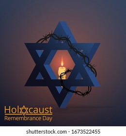 Jewish star with barbed wire and candles, International Holocaust Remembrance Day poster, January 27. World War II Remembrance Day. Star of David used Ghetto and Concentration Camps. Vector