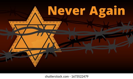 Jewish star with barbed wire, International Holocaust Remembrance Day poster, January 27. World War II Remembrance Day.Yellow Star of David used Ghetto and Concentration Camps. Vector