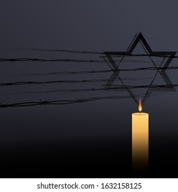 Jewish star with barbed wire and one candle, International Holocaust Remembrance Day poster, January 27. World War II Remembrance Day.Yellow Star of David used Ghetto and Concentration Camps