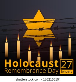 Jewish star with barbed wire and seven candles, International Holocaust Remembrance Day poster, January 27. World War II Remembrance Day.Yellow Star of David used Ghetto and Concentration Camps