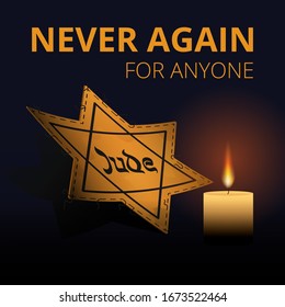 Jewish star with candles, International Holocaust Remembrance Day poster, January 27. World War II Remembrance Day.Yellow Star of David used Ghetto and Concentration Camps. Vector