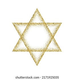 Estrella judía de David de la ilustración del vector del polvo de oro. Decoración abstracta de partículas de aluminio doradas, símbolo religioso israelí de judaísmo, marco brillante de fe aislado en fondo blanco