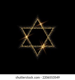 Jewish Star Of David From Gold Dust Vector Illustration. Abstract Decoration Of Golden Foil Particles, Israeli Religious Symbol Of Judaism, Glitter Frame Of Faith Isolated On Black Background