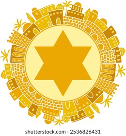 Ilustración de la estrella judía de David en el marco dorado de la ciudad de Jerusalén. Arte de Judaida Copiar espacio para bendecir, desear, saludar texto para cualquier lugar de vacaciones y eventos