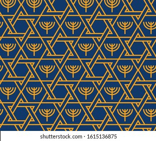 Jewish Star of David and Menorah seamless vector background pattern