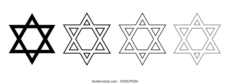 Jewish Star of David. Set of black vector icons isolated on white background.Symbol of Israel.David star icon simple.Jewish,hebrew symbol in black color.