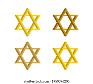 Jewish Star of David. Set of golden,yellow vector stars icons isolated on white background.Symbol of Israel.David star icon simple.Jewish,hebrew symbol in golden color.Seal of Solomon icon.