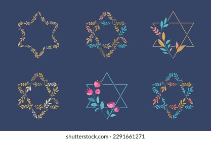 Jewish symbol. Star of David with leaves, flowers collection. Bat and Bar Mitzvah concept design