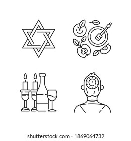 Jewish symbolism linear icons set. David star. Apples and honey pot. Kosher wine. Kippah, yarmulke. Customizable thin line contour symbols. Isolated vector outline illustrations. Editable stroke
