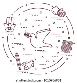 Jewish symbols: dove, olive branch, pomegranate, matzah, fish, hamsa, mezuzah. Design for postcard, banner, poster or print.