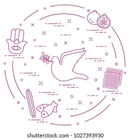 Jewish symbols: dove, olive branch, pomegranate, matzah, fish, hamsa, mezuzah. Design for postcard, banner, poster or print.