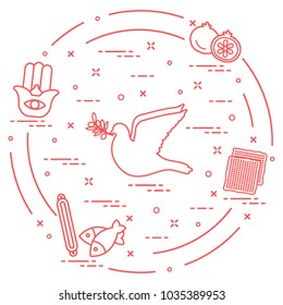 Jewish symbols: dove, olive branch, pomegranate, matzah, fish, hamsa, mezuzah. Design for postcard, banner, poster or print.