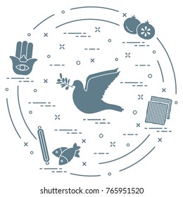 Jewish symbols: dove, olive branch, pomegranate, matzah, fish, hamsa, mezuzah. Design for postcard, banner, poster or print.