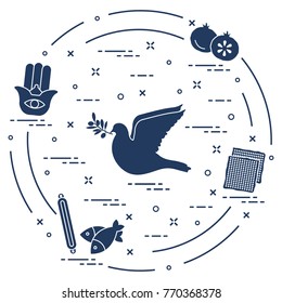 Jewish symbols: dove, olive branch, pomegranate, matzah, fish, hamsa, mezuzah. Design for postcard, banner, poster or print.