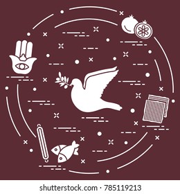 Jewish symbols: dove, olive branch, pomegranate, matzah, fish, hamsa, mezuzah. Design for postcard, banner, poster or print.