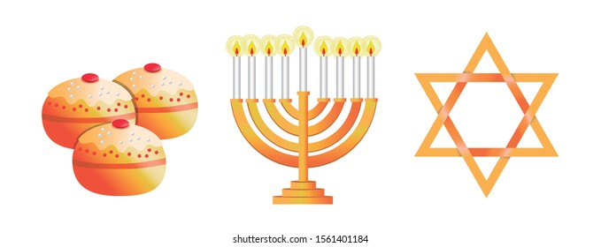 Jewish symbols from the Hanukkah festival. Beautiful icons of dredeil, sufganiyot and the star of David. Editable vector.