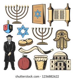 Símbolos judíos y elementos religiosos y culturales del judaísmo. Vector Hanukkah menorah Hanukiyot lampstand, David Star y Torah Scroll, Jew rabbi y Hamsa hand amulet, Shofar horn y dreidel