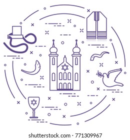 Jewish symbols: tfillin, synagogue, sheepâ??s horn, dove, david's star and other. Design for postcard, banner, poster or print.