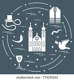 Jewish symbols: tfillin, synagogue, horn, dove, david's star and other. Design for postcard, banner, poster or print.