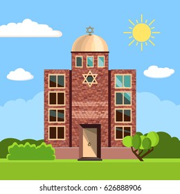 Jewish synagogue icon. Vector illustration for religion design. Building temple architecture. Judaism religious church. David star. Famous landmark. Summer spring day picture with tree, sun, sky