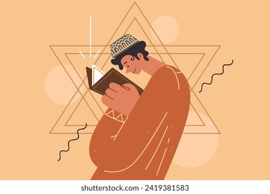 Jewish teenage boy reads torah with description of judaism, standing near star of david. Young guy in kippah worships judaism and studies religious literature with prayers or prophecies