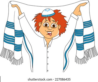 Jewish teenager wears a tallit before prayer, vector