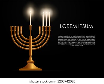 Jewish third day holiday Hanukkah background, realistic menorah (traditional candelabra), burning candles, blur effect. Religious holiday art, Happy Hanukkah Vector illustration
