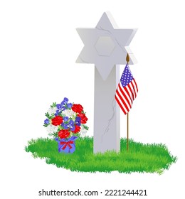 A Jewish tombstone in the shape of the star of David on a green lawn. Small American flags are laid on the grave in memory of the heroes. Memorial Day (Decoration Day).