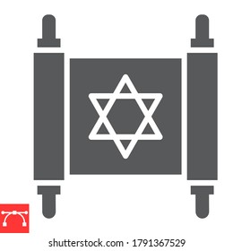 Jewish torah glyph icon, rosh hashanah and scroll, torah sign vector graphics, editable stroke solid icon, eps 10