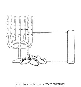 Jewish Torah scroll with menorah candlestick and Purim traditional cookies simple ink vector illustration for holiday coloring. Greeting banner template for Israel carnival celebration