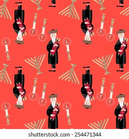 Jewish tradition. Seamless background pattern with orthodox jewish man, torah, candles, kiddush cup, challah and menorah. Vector illustration