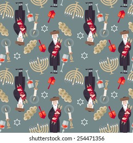 Jewish tradition. Seamless background pattern with orthodox jewish man, torah, candles, kiddush cup, challah and menorah. Vector illustration