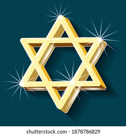 Jewish traditional biblikal symbol -golden  star David,  isolated on dark green background,  Vector illustration