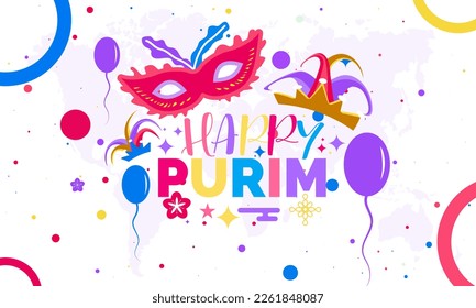 Jewish traditional holiday Carnival concept of Happy Purim. Celebration with hamantaschen, carnival mask, confetti, parti on color background. Purim concept of March 26th