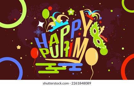 Jewish traditional holiday Carnival concept of Happy Purim. Celebration with hamantaschen, carnival mask, confetti, parti on color background. Purim concept of March 26th