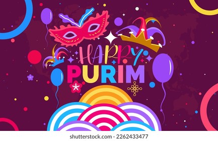 Jewish traditional holiday Carnival concept of Happy Purim. Celebration with hamantaschen, carnival mask, confetti, parti on color background. Purim concept of March 26th