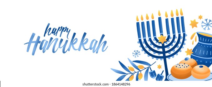 Jewish traditional holiday Hannukah background. Religious festive symbols vector illustration. Menorah, pitta bread, hummus. Shabbat, judaic feast congratulation calligraphic inscription.