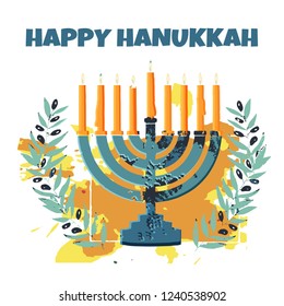 Jewish traditional holiday Hannukah. Greeting card with menorah and text Happy Hanukkah. 