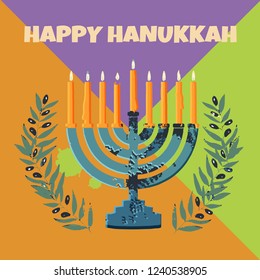 Jewish traditional holiday Hannukah. Greeting card with menorah and text Happy Hanukkah. 